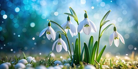 Snowdrop flowers with stunning bokeh in the background, Galanthus nivalis, snowdrops, white flowers, spring