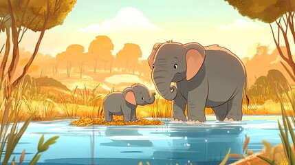 cartoon animation of animals looking for food mother and child