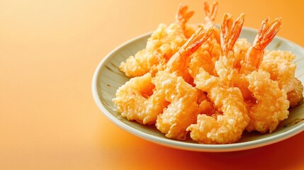 A plate of tempura on a soft orange background with ample space for text or branding.