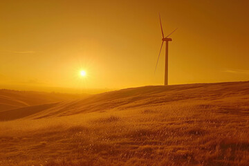 Fototapeta premium Generative ai on theme of wind power farm with rotation propellers, does not pollute environment