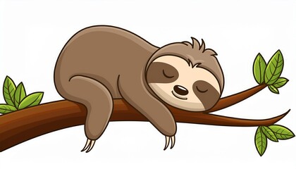 Cartoon sloth sleeping on tree branch. Vector illustration isolated on white background