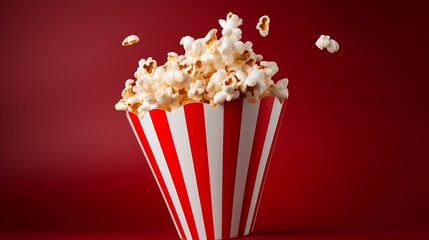 Flying popcorn from a red-white striped paper cup, cut out