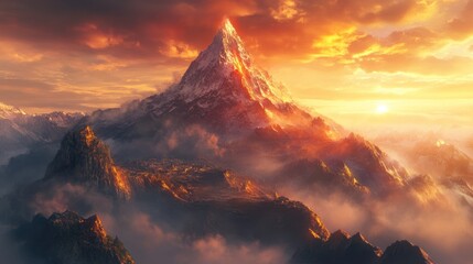 Majestic Mountain Peak Bathed in Golden Sunset Light