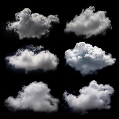 Collection of white clouds isolated on black background. Design elements..