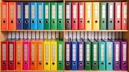 Colorful binders with labels neatly arranged on a shelf, organization, school supplies, office supplies, storage, colorful