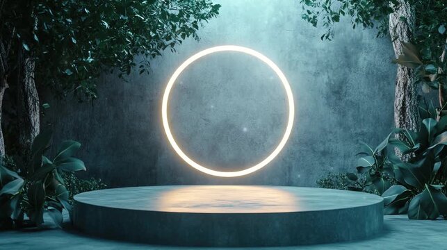 3D rendering of a podium with glowing neon light ring in dark background. Video footage for product display, presentation, promotion, advertisement, Halloween product season.