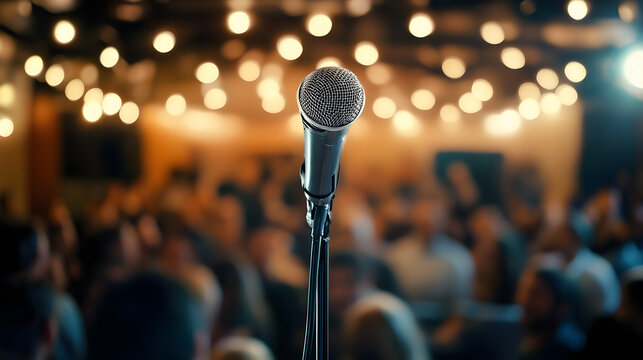 A stand-up comedian delivers a punchline to a laughing audience.