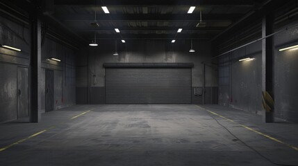 Empty industrial garage scene, simple and uncluttered, dark grey and black.