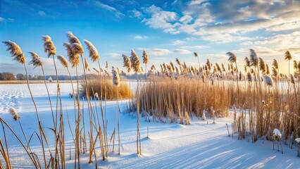 Obraz premium Reeds in the snow covered landscape , winter, cold, serene, nature, white, frosty, tranquil, frozen, calm, minimal, stark