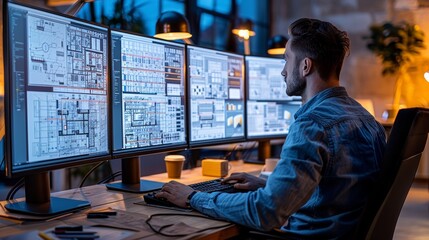 A designer working on architectural plans at a desk with multiple monitors during evening hours