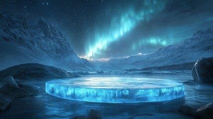Frozen Ice Platform Under a Starry Sky with Aurora Borealis