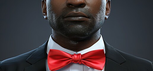 Close up of a man wearing a red bow tie and a black suit. The image is focused on the bow tie, which is a symbol of elegance and sophistication.