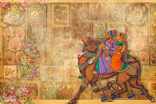 3d illustration , texture background with seamless pattern , king and queen on camel , Indian wallpaper for interior decoration.