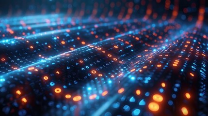 Futuristic data techno binary code neon glowing background. Digital artwork. Reflections and ceiling. Virtual matrix 3D background, representation for business