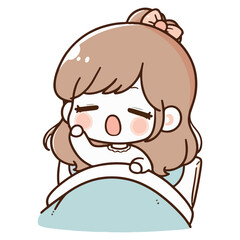 A little kid girl with sleepy face wakes up in the morning, white background. Illustration