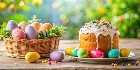 Happy Easter celebration background with colorful easter cake and eggs , Easter, celebration, background, postcard, cake