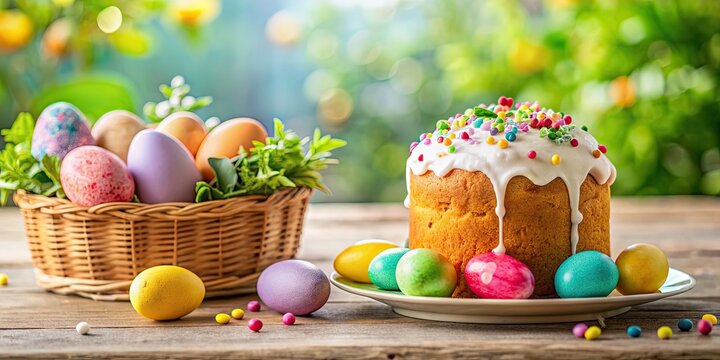 Happy Easter celebration background with colorful easter cake and eggs , Easter, celebration, background, postcard, cake