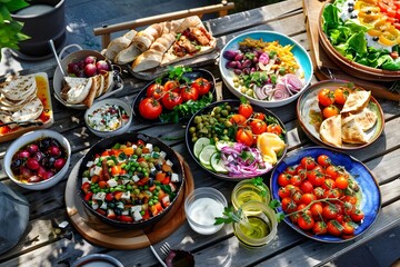 Mediterranean Style Appetizers and Salads on Wooden Table.