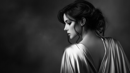 Obraz premium A Woman in a Silk Dress, Looking Down, Black and White Portrait