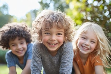 Three children playing outside in garden, close up, Generative AI
