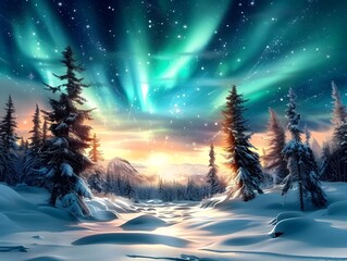 Aurora Borealis Over Snowy Forest.