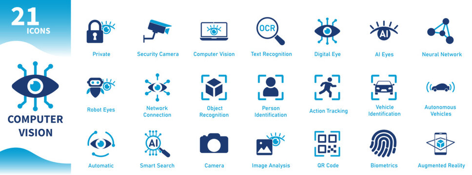 Computer vision icon. Set of icons for artificial intelligence, eye, digital technology, image analysis, multidimensional data. Solid vector icons.