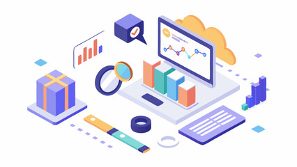 Isometric illustration design concept. Analyze data and search SEO optimization flat illustration design