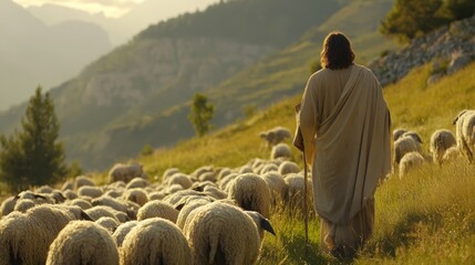 Religious portrayal of jesus embodying a caring and watchful shepherd in iconic artwork