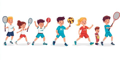 Happy children playing sport game, doing physical exercise. Training set. Football, baseball, tennis, karate. Active healthy childhood. Flat  cartoon illustration isolated on white, Generative AI