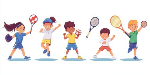 Fototapeta premium Happy children playing sport game, doing physical exercise. Training set. Football, baseball, tennis, karate. Active healthy childhood. Flat cartoon illustration isolated on white, Generative AI