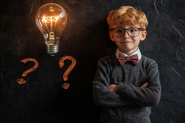 Thinking child boy on black background with light bulb and question marks. Brainstorming and idea concept, Generative AI
