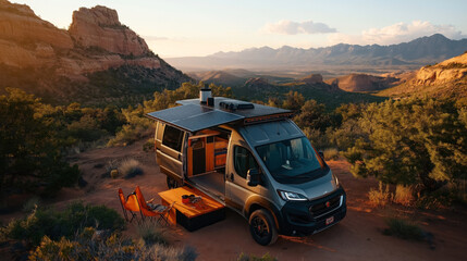 Obraz premium A camper van with solar panels parked in a scenic desert landscape at sunset. The area is set up with camping chairs and a table, surrounded by desert vegetation and rocky formations.