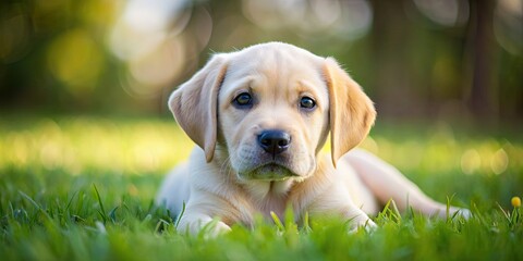 Adorable labrador retriever puppy with floppy ears laying on grass, dog, puppy, labrador,...