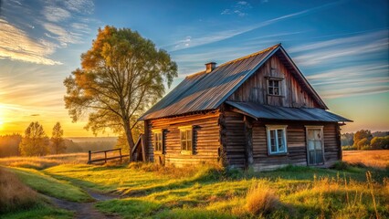 Obraz premium Old wooden house in rural village bathed in morning light, rustic, countryside, vintage, home, architecture, traditional, rural