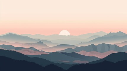 Fototapeta premium Serene illustration depicting a tranquil sunrise over layered mountain ranges