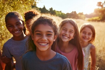 Obraz premium Portrait Of Multi-Cultural Children Hanging Out With Friends In Countryside Together, Generative AI