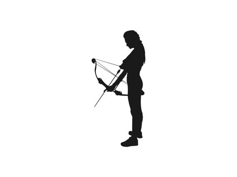 Young girl with bow and arrow. Female holding bow and arrow aiming to shoot. Hunter hunting. vector illustration set. Archer girl vector silhouette illustration isolated on white background.