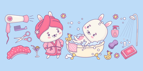 Cute cartoon white rabbit in bathrobe with towel and bunny bathing in bubble bath. Isolated vector shower cosmetics elements. Hairdryer, soap, shower cap, washcloth, scissors and comb