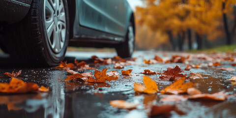 A moody and evocative photograph capturing wet autumn leaves scattered on the road beside a parked car, highlighted by the rain reflecting off the pavement.