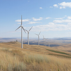 Obraz premium Elegant wind turbines rise over gently rolling hills under a serene blue sky, symbolizing clean energy, environmental sustainability, and modern technology.