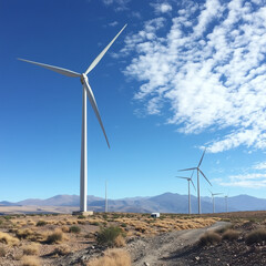 Tall wind turbines stand against a clear blue sky in a barren desert landscape, symbolizing renewable energy, sustainability, and the harmonious blend of technology and nature.