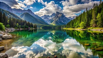 Fototapeta premium Serene lake nestled in the mountains , tranquil, peaceful, nature, landscape, scenery, reflection, mountains, picturesque