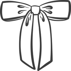 Ribbon bow and tie with knot for hair. Cute black doodle illustration. Vintage hand drawn outline...