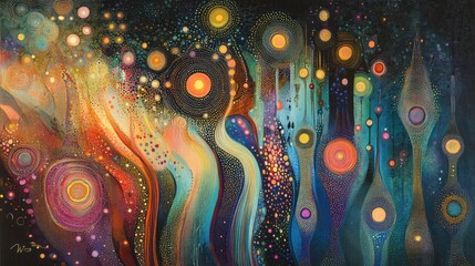 Abstract Painting of a Cosmic Landscape with Glowing Circles and Dots