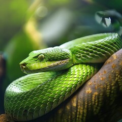 Close up view of a dangerous green snake