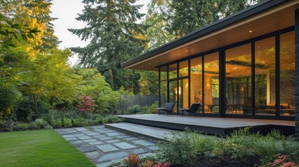 Obraz premium Modern House with Glass Walls and Patio Surrounded by Greenery