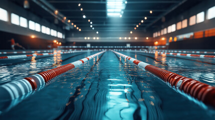 Obraz premium Indoor swimming pool with clearly visible lanes marked by red and white lane dividers. The pool is well-lit with reflective water under the overhead lights.