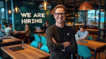 Fototapeta premium Smiling man in a casual office environment with 'We Are Hiring' sign in the background, with people working on laptops at tables.