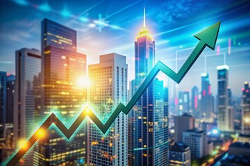 Obraz premium Upward trending arrow piercing through financial charts and graphs on a blurred cityscape background, symbolizing successful stock market investment and profitable trading strategies.