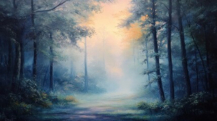 Fototapeta premium Misty Forest Path with Sunlight Filtering Through Trees
